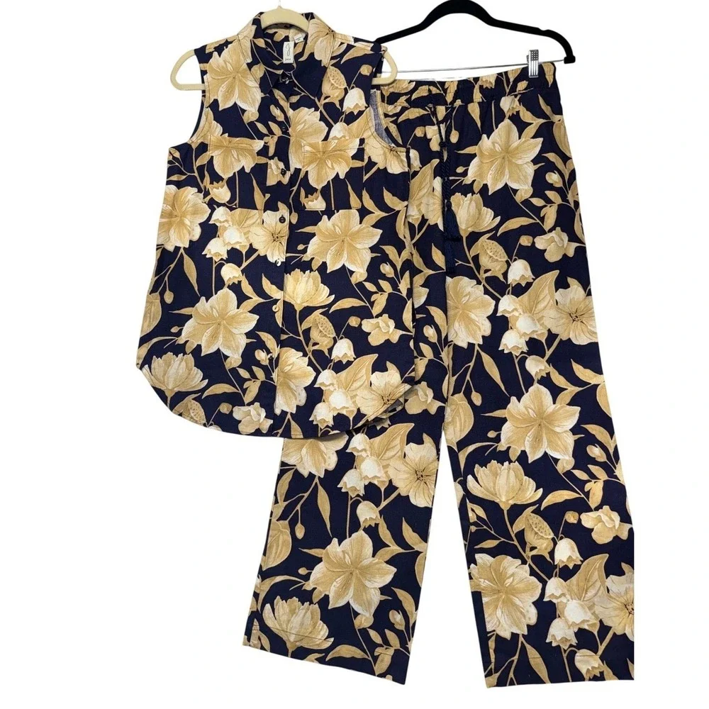 Joie Floral Linen Set Sleeveless Top and Wide Leg‎ Pants Relax Vaca Luxe Size M